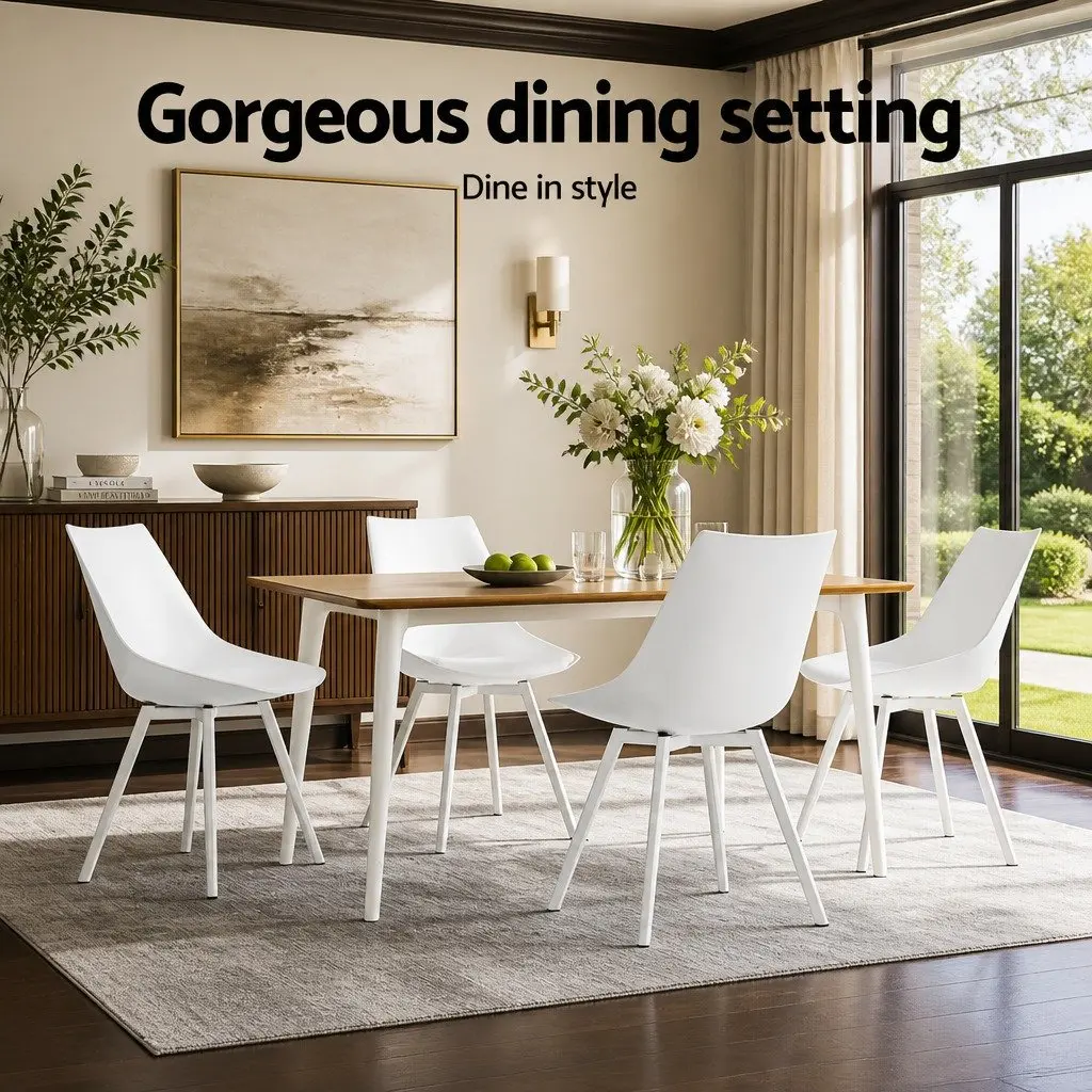 Dining Chairs Modern White PP Plastic Cushioned Back Support Steel Legs Set of 2