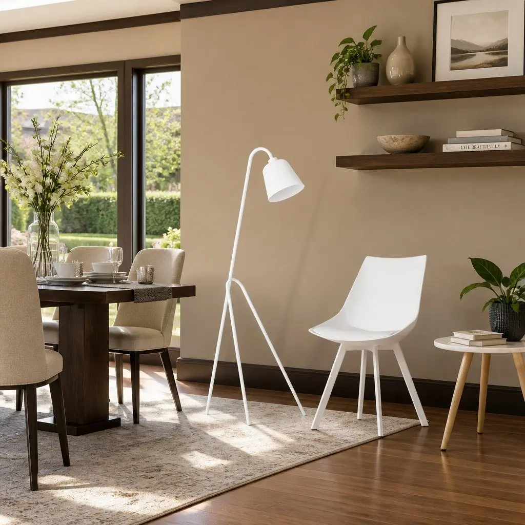 Dining Chairs Modern White PP Plastic Cushioned Back Support Steel Legs Set of 2