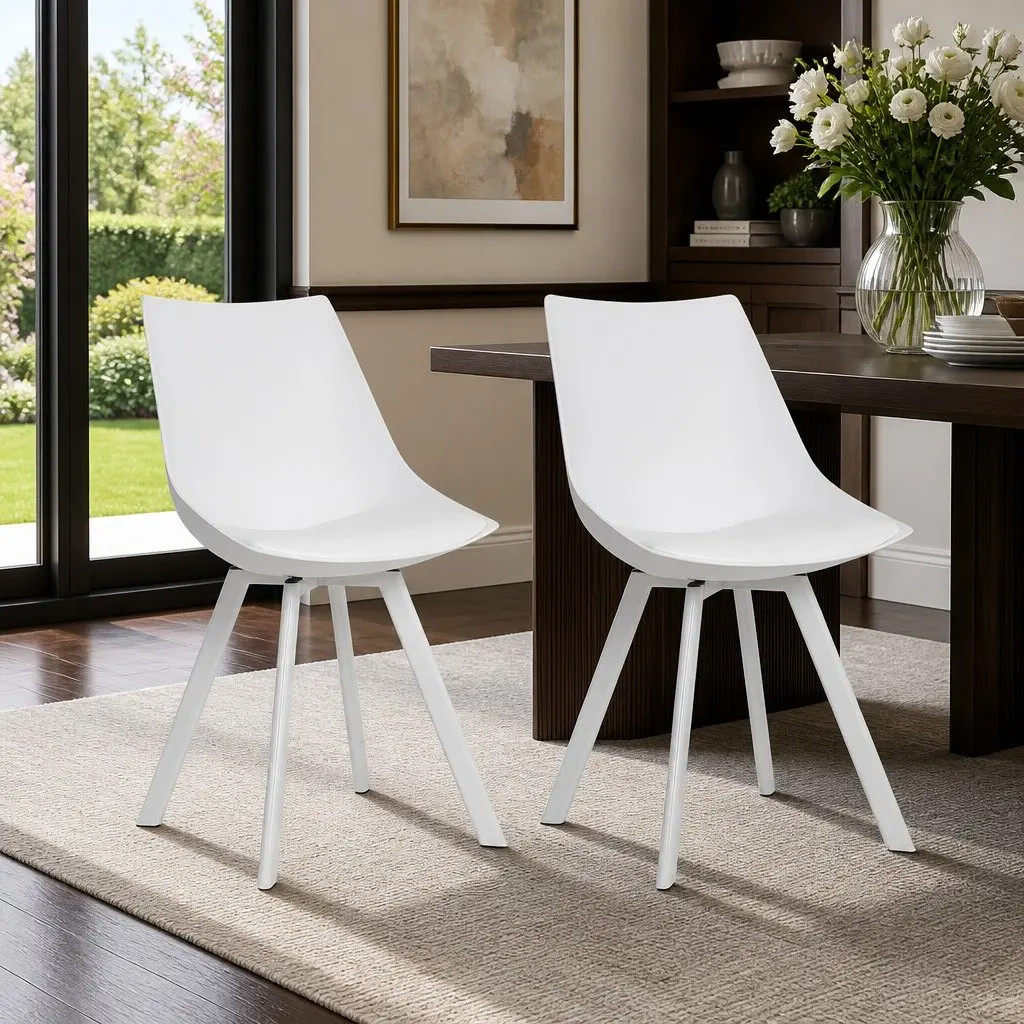 Dining Chairs Modern White PP Plastic Cushioned Back Support Steel Legs Set of 2