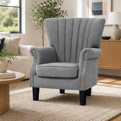 Grey Wingback Armchair with Button Studs in Faux Linen