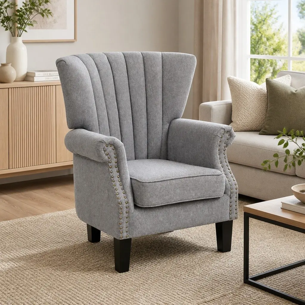 Grey Wingback Armchair with Button Studs in Faux Linen
