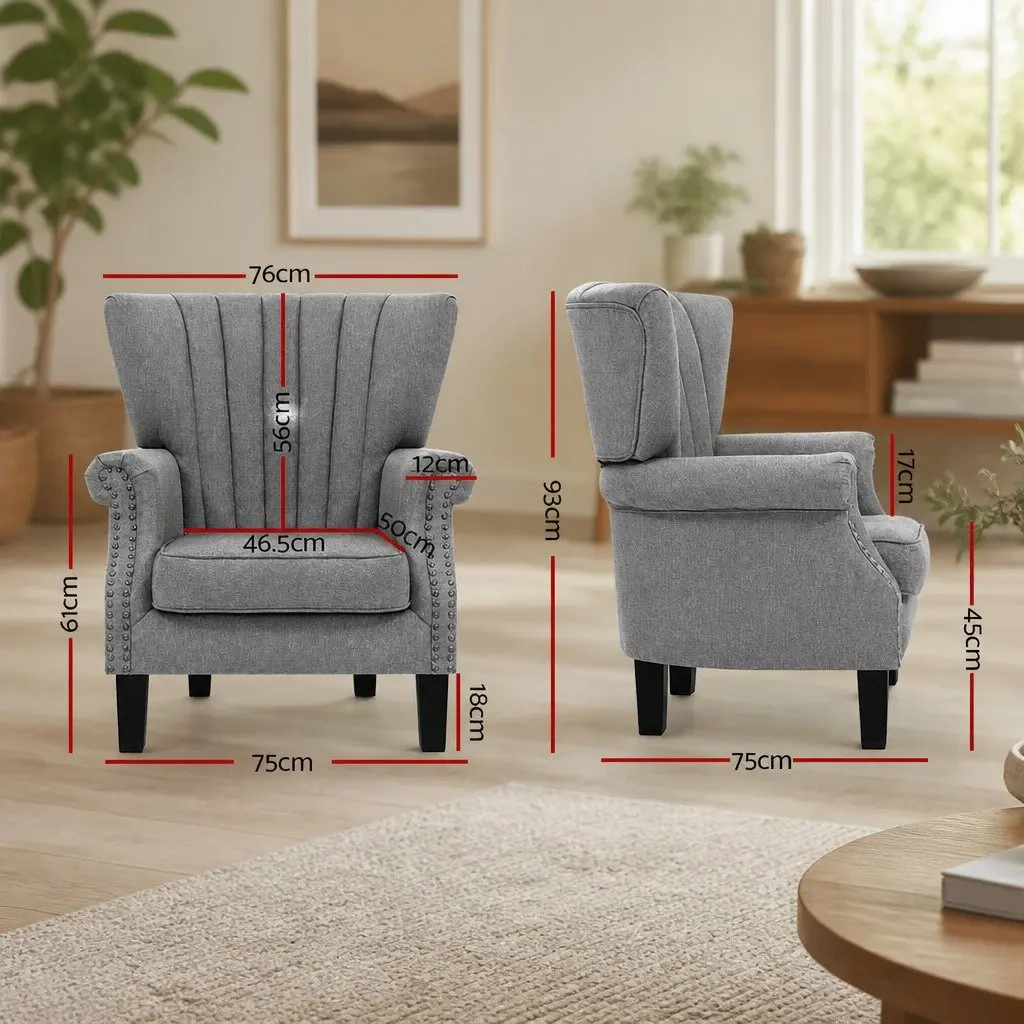 Grey Wingback Armchair with Button Studs in Faux Linen