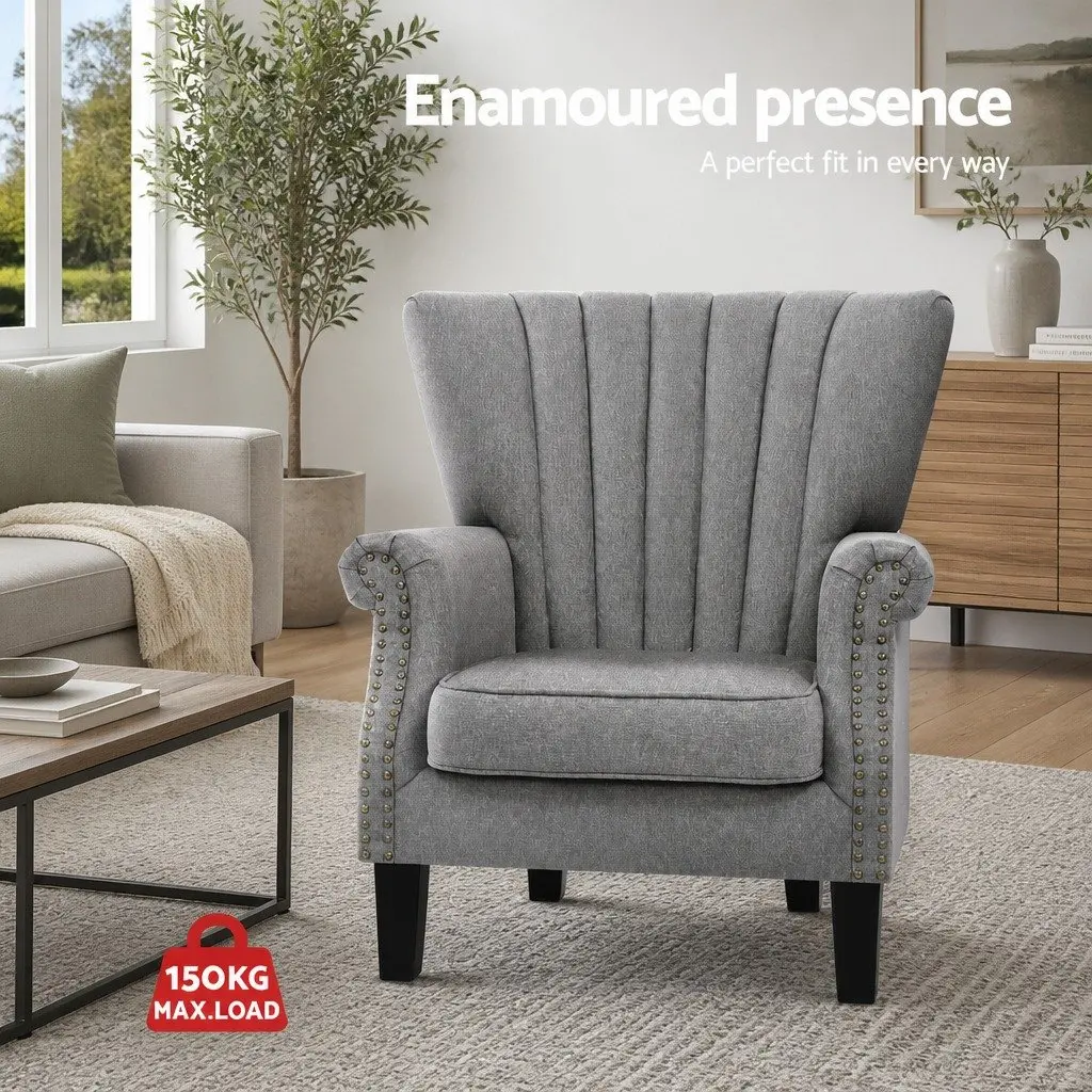 Grey Wingback Armchair with Button Studs in Faux Linen