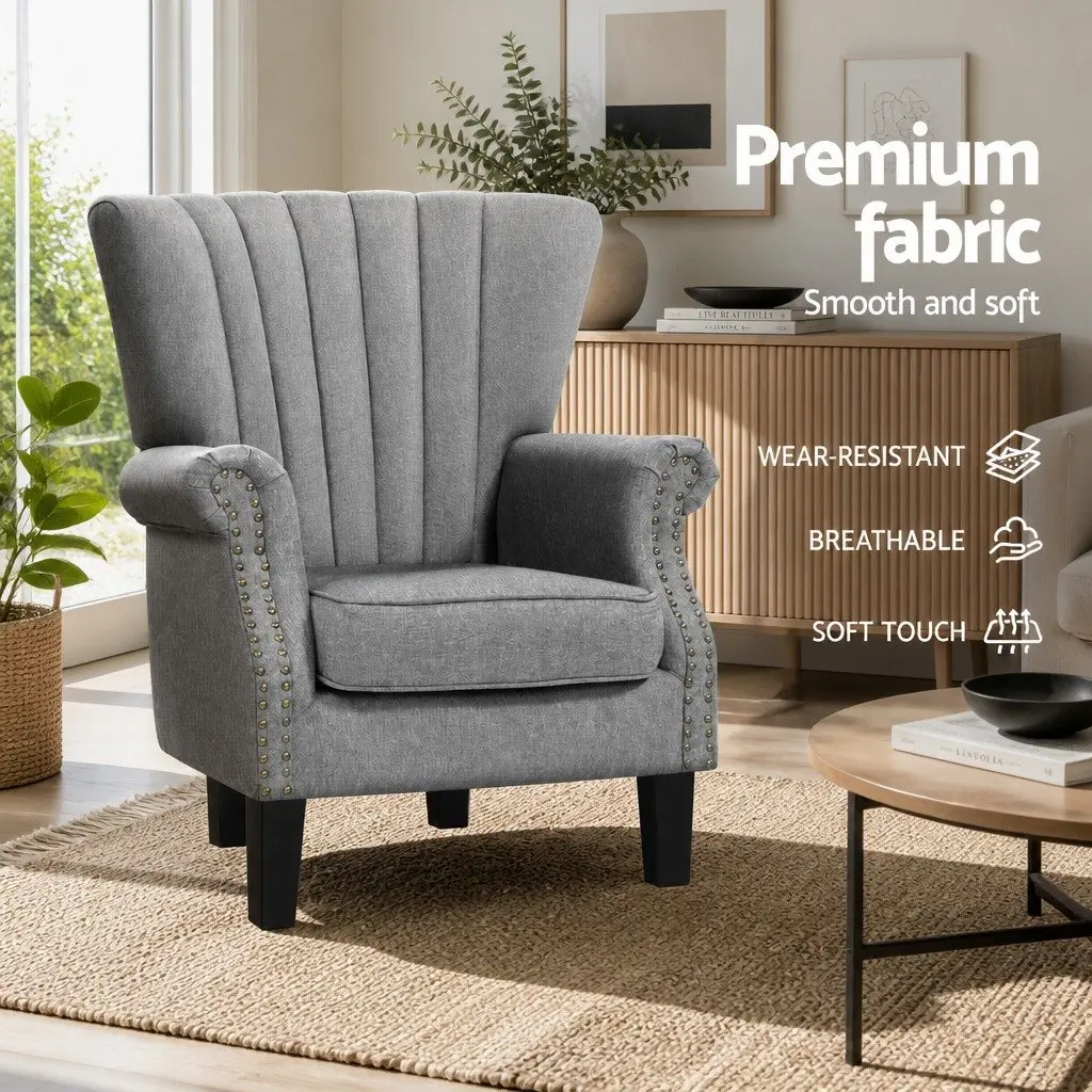 Grey Wingback Armchair with Button Studs in Faux Linen