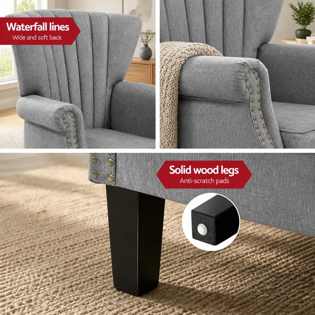 Grey Wingback Armchair with Button Studs in Faux Linen