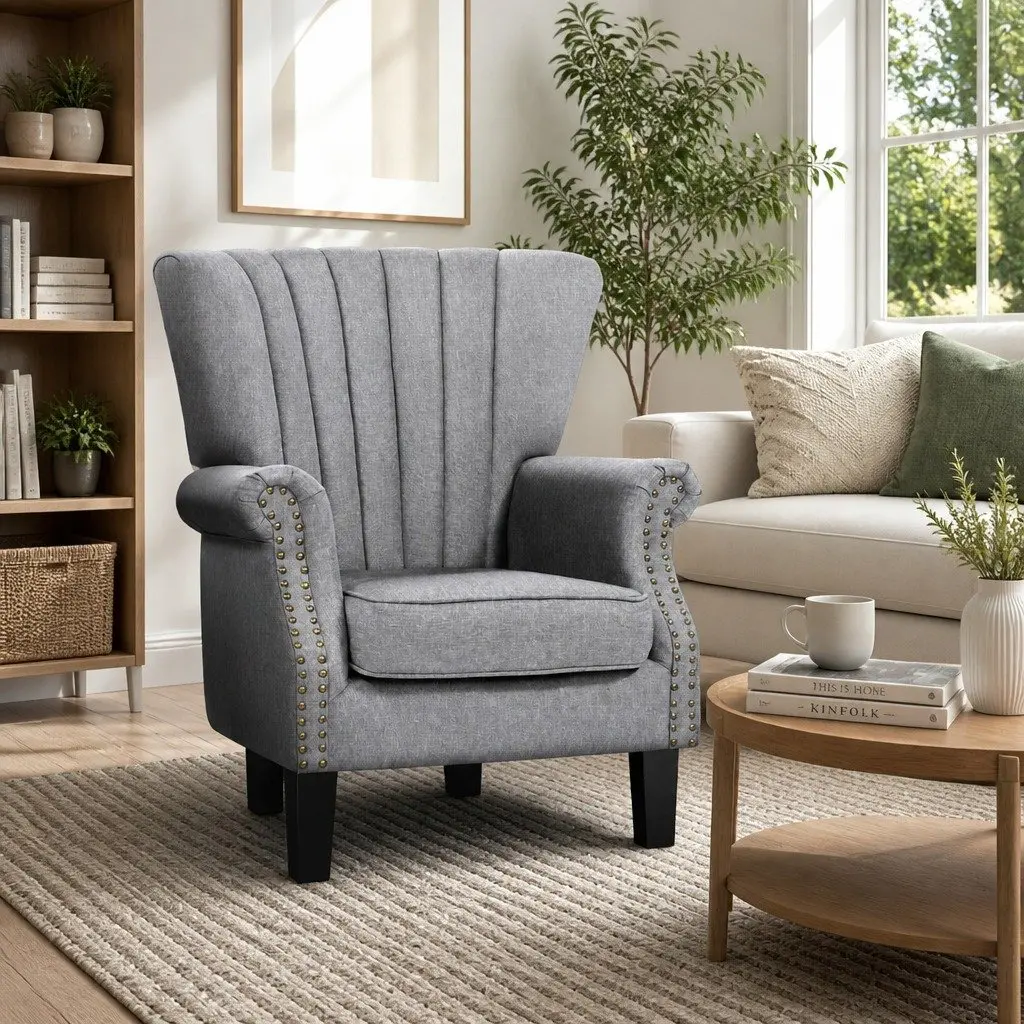Grey Wingback Armchair with Button Studs in Faux Linen