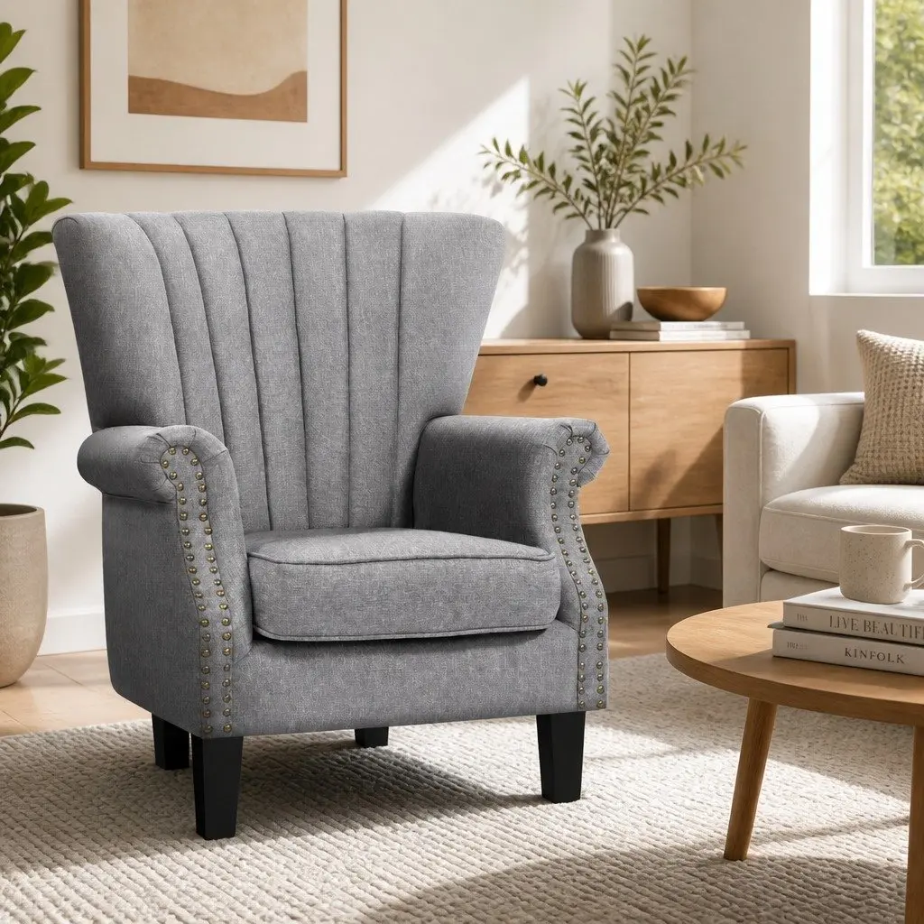 Grey Wingback Armchair with Button Studs in Faux Linen