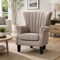 Beige Wingback Armchair with Button Stud Detail