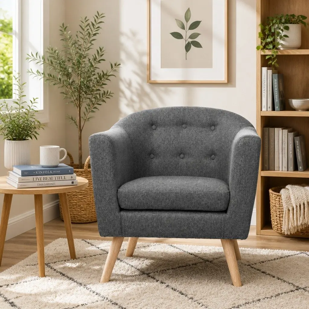 Tufted Grey Armchair with Foam Padding and Wooden Frame