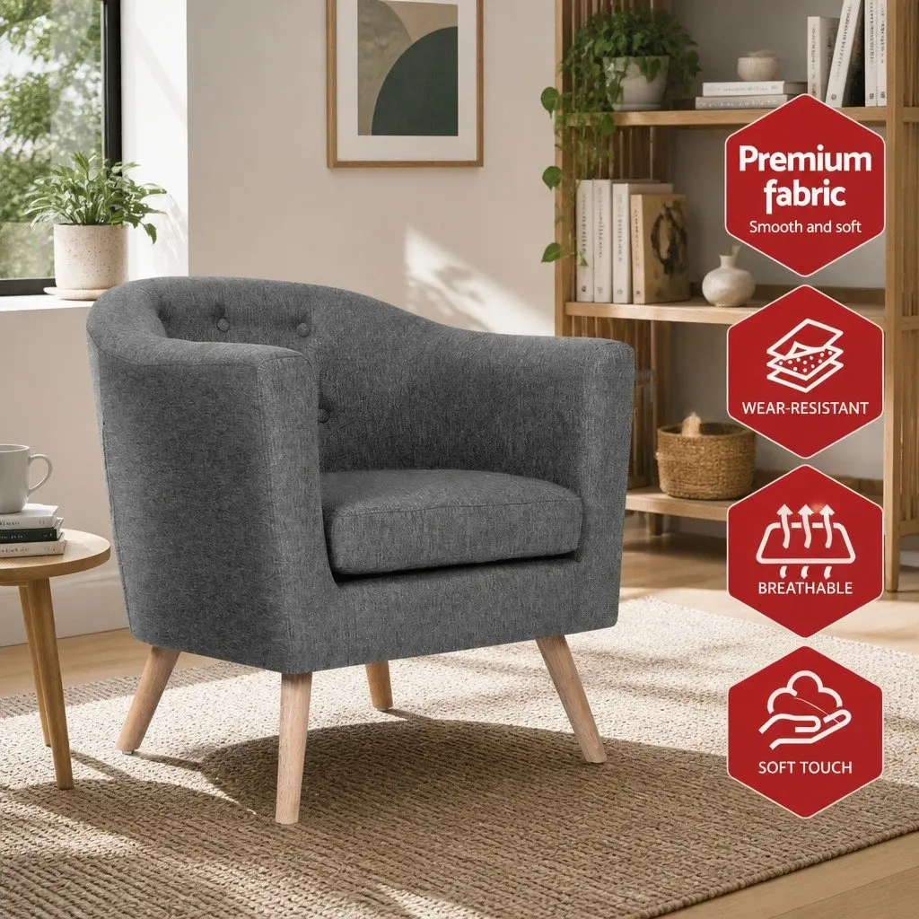 Tufted Grey Armchair with Foam Padding and Wooden Frame
