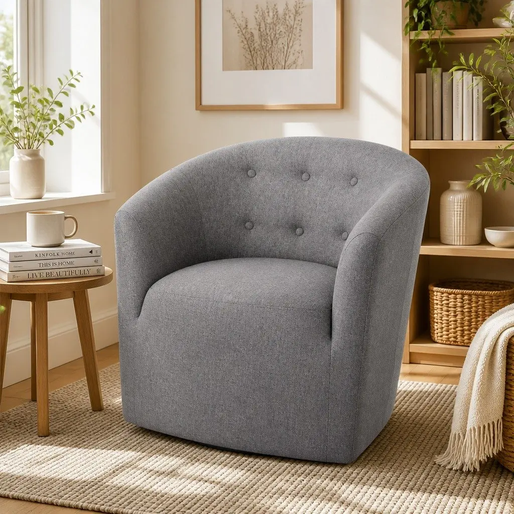 Tufted Grey Armchair with Foam Padding and Wooden Frame