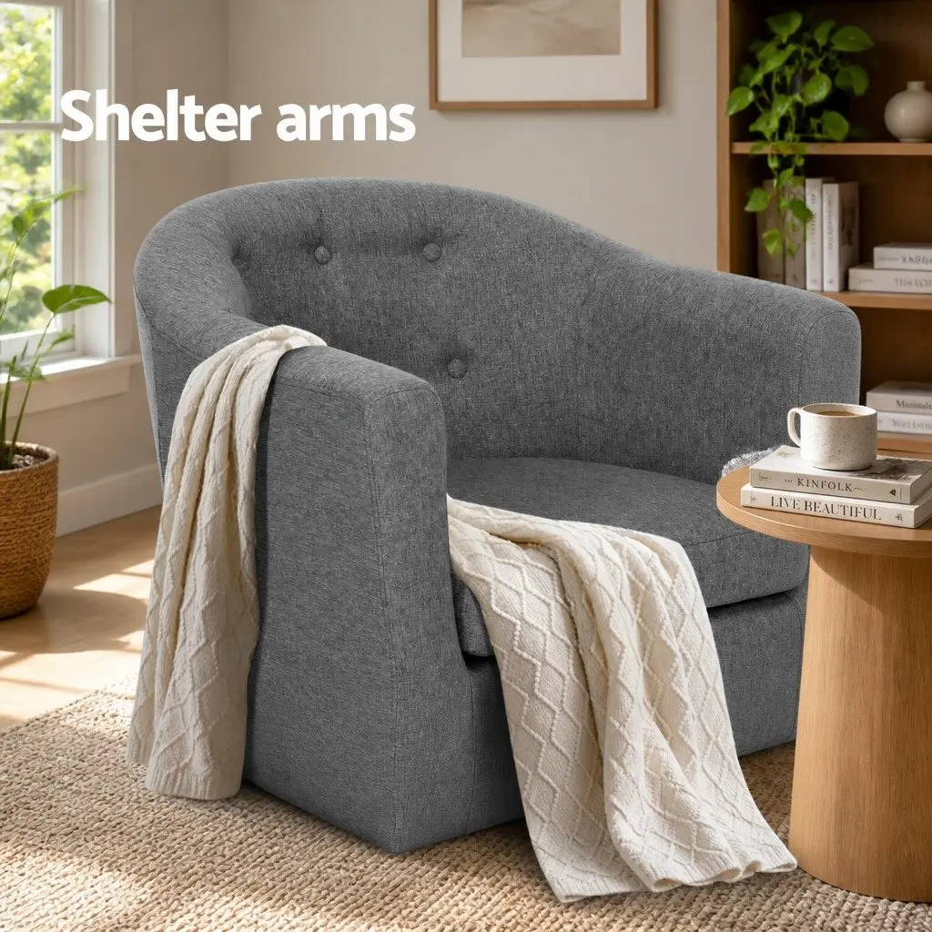 Tufted Grey Armchair with Foam Padding and Wooden Frame