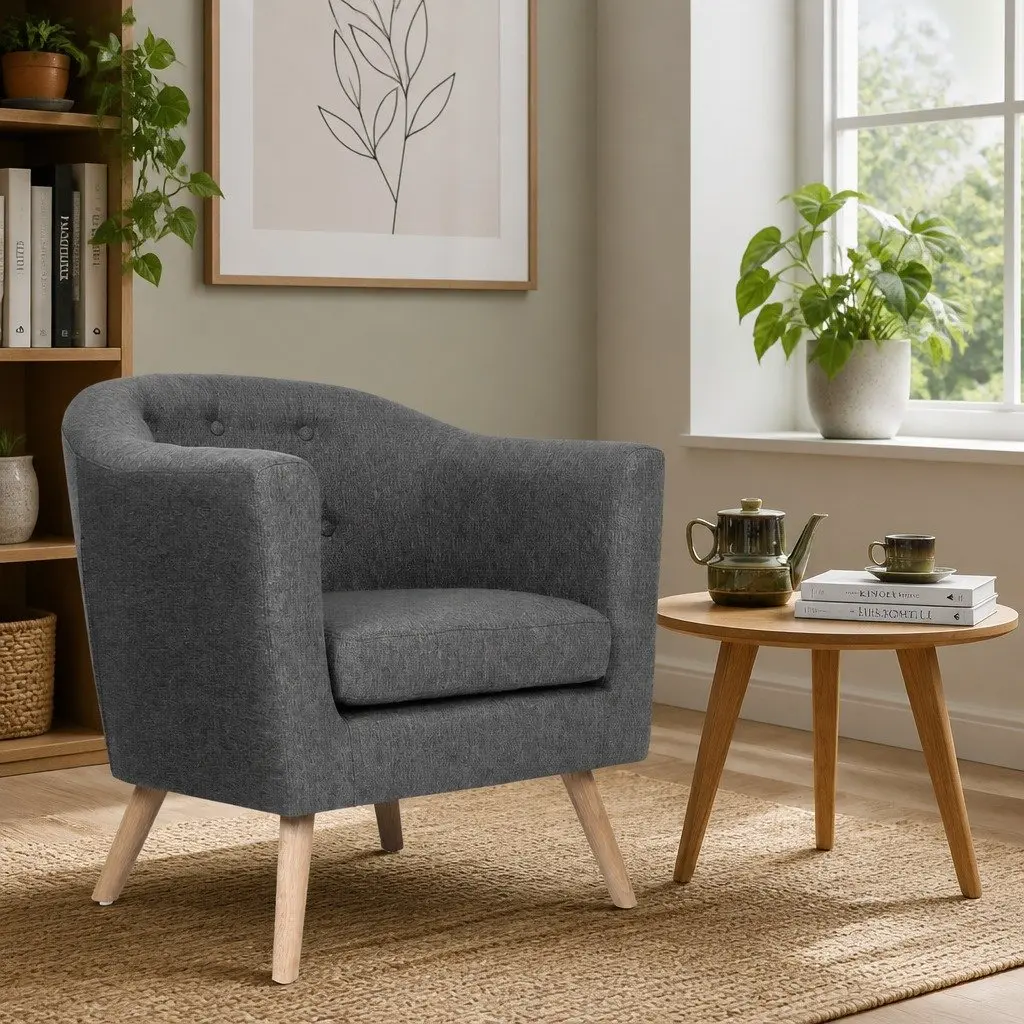 Tufted Grey Armchair with Foam Padding and Wooden Frame