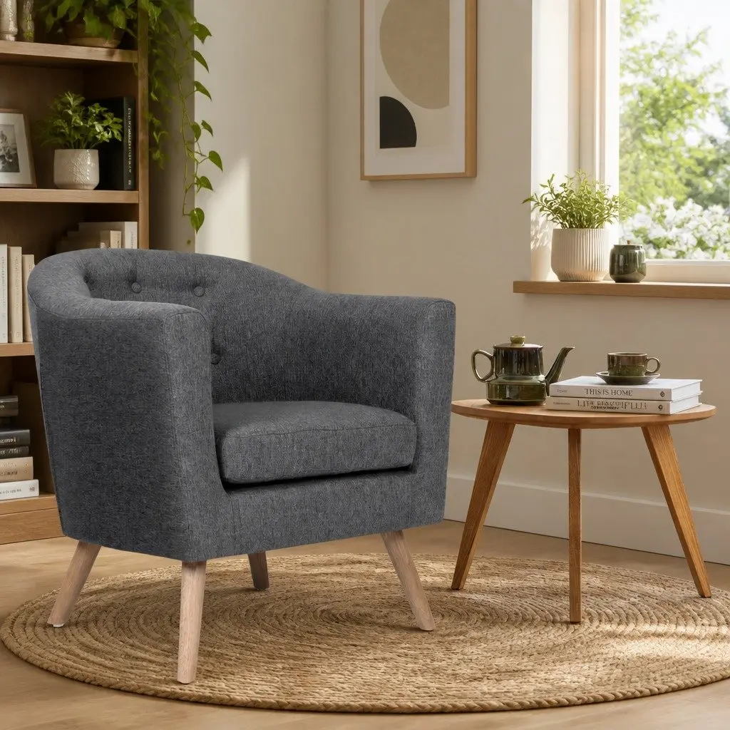 Tufted Grey Armchair with Foam Padding and Wooden Frame