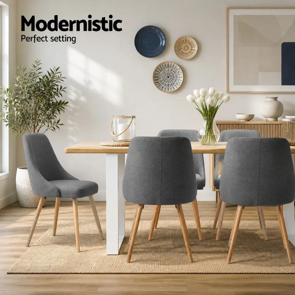 Set of 2 Grey Fabric Dining Chairs with Wooden Frame