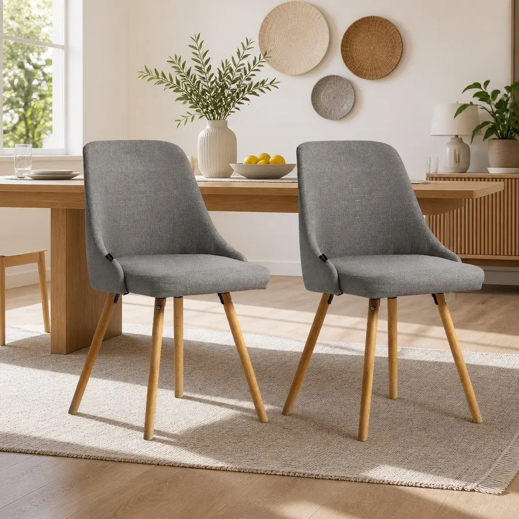 Set of 2 Grey Fabric Dining Chairs with Wooden Frame