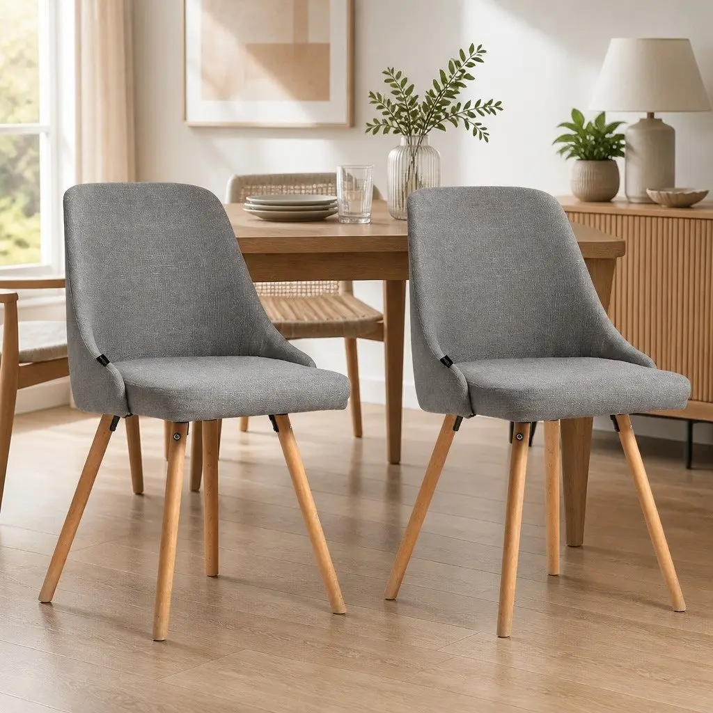 Set of 2 Grey Fabric Dining Chairs with Wooden Frame