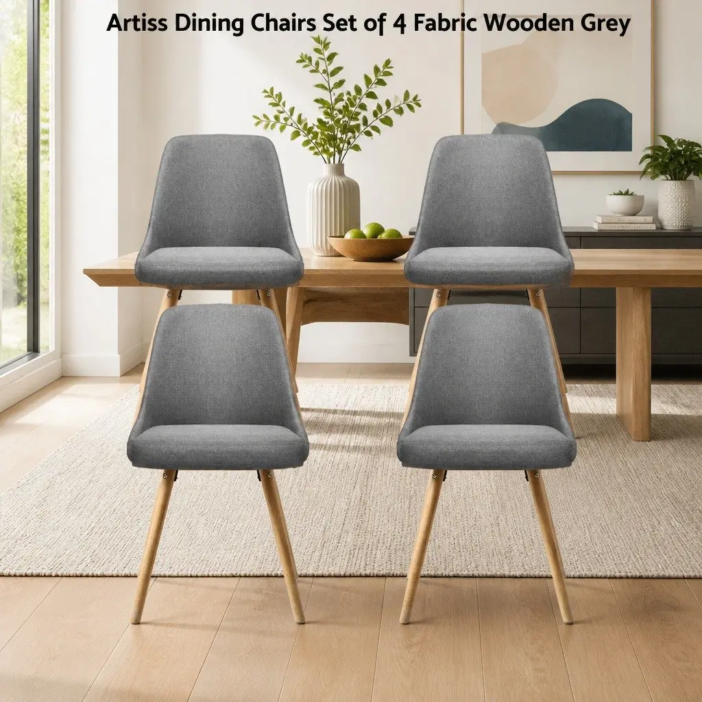 Dining Chairs Set of 4 Grey Fabric Wooden Seat Kitchen Furniture Retro Design