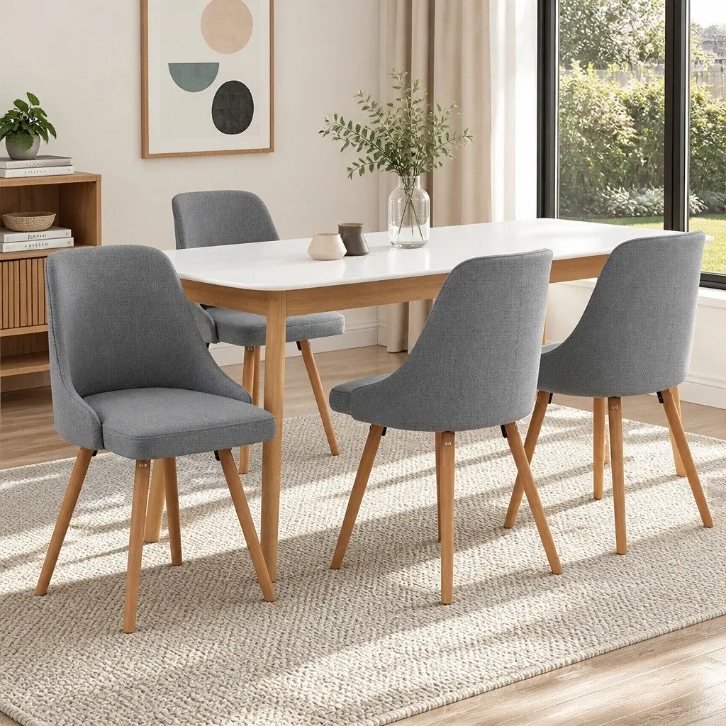 Dining Chairs Set of 4 Grey Fabric Wooden Seat Kitchen Furniture Retro Design