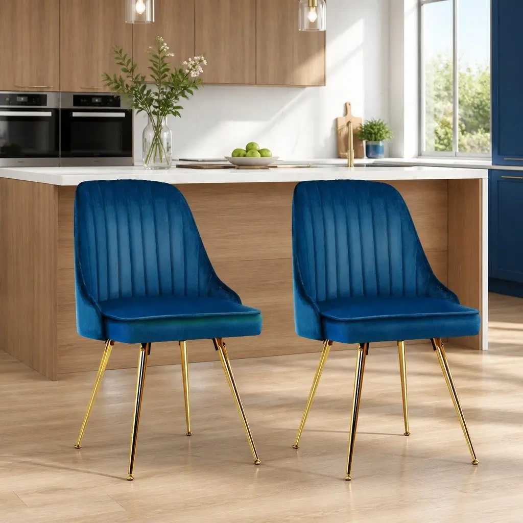 Dining Chairs Blue Velvet Channel Tufted 2 Piece Metal Legs