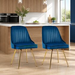 Set of 2 Blue Velvet Dining Chairs with Metal Legs