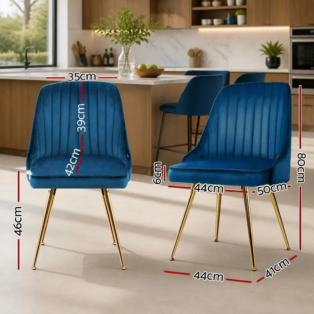 Dining Chairs Blue Velvet Channel Tufted 2 Piece Metal Legs
