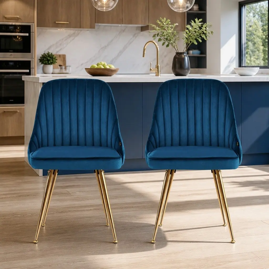 Dining Chairs Blue Velvet Channel Tufted 2 Piece Metal Legs