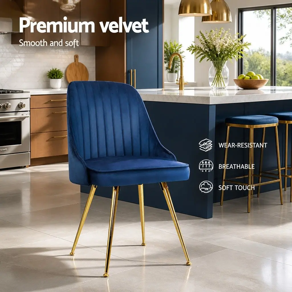 Dining Chairs Blue Velvet Channel Tufted 2 Piece Metal Legs
