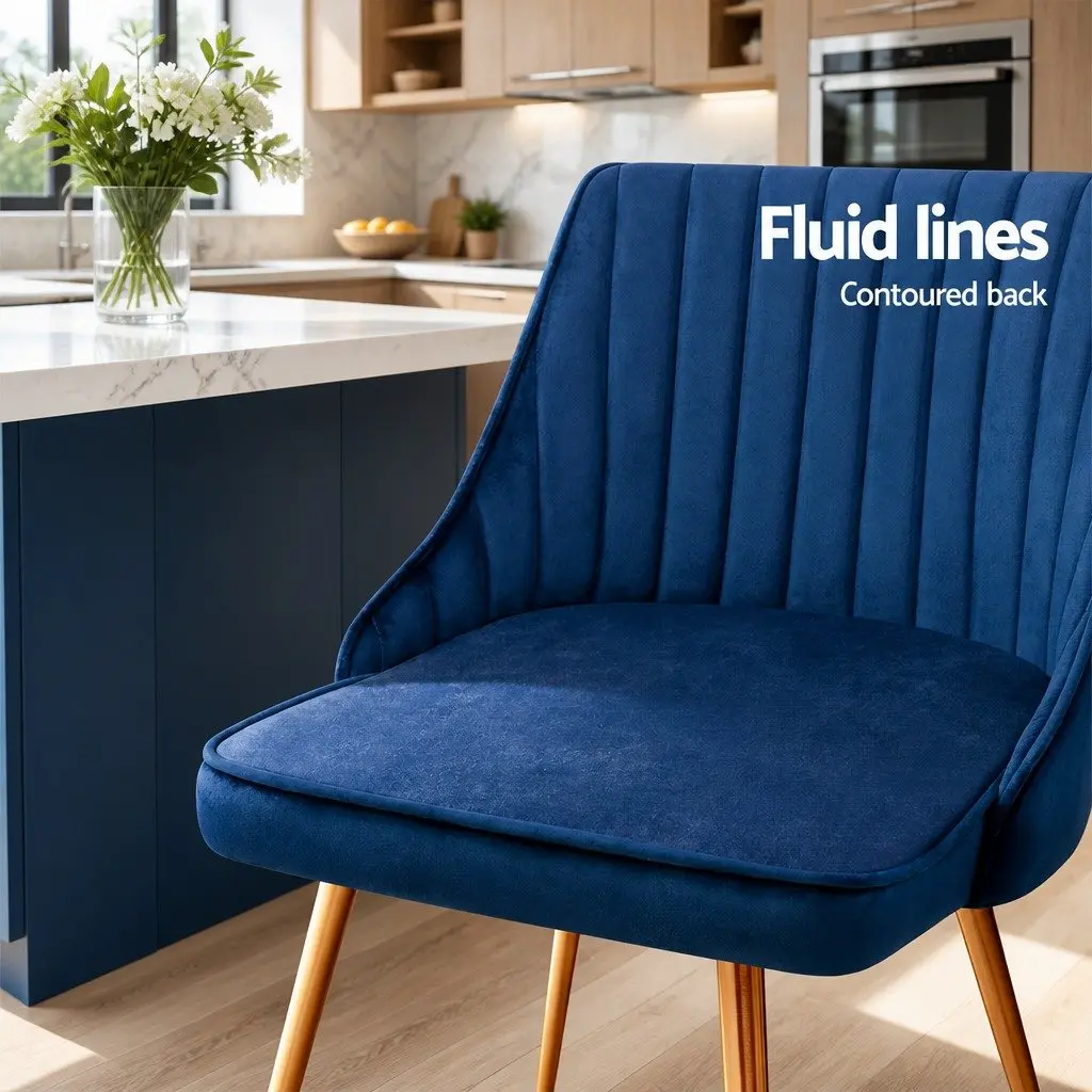 Dining Chairs Blue Velvet Channel Tufted 2 Piece Metal Legs