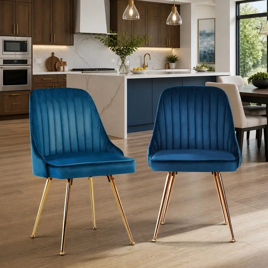 Dining Chairs Blue Velvet Channel Tufted 2 Piece Metal Legs