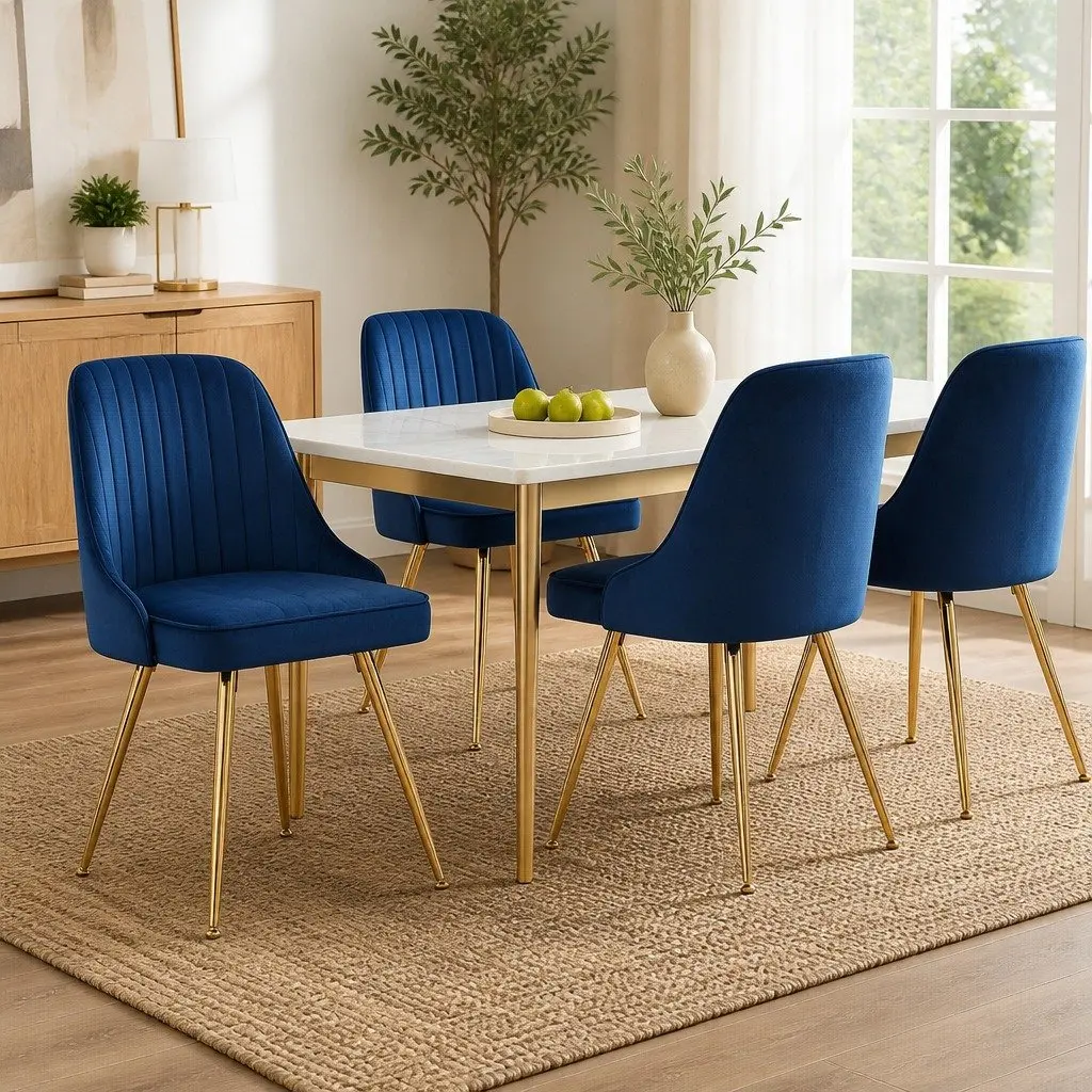 Dining Chairs Velvet Blue Scallop Shell Back Set of 4