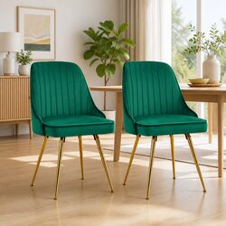 Set of 2 Green Velvet Dining Chairs with Scallop Shell Back