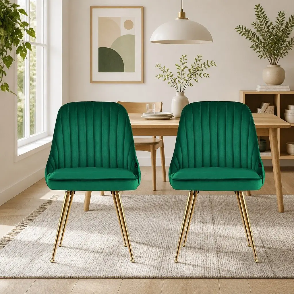 Dining Chairs Velvet Green Scallop Shell Back Metal Legs 2 Piece
