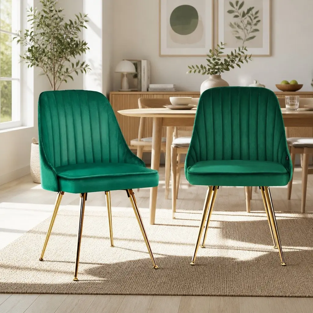 Dining Chairs Velvet Green Scallop Shell Back Metal Legs 2 Piece
