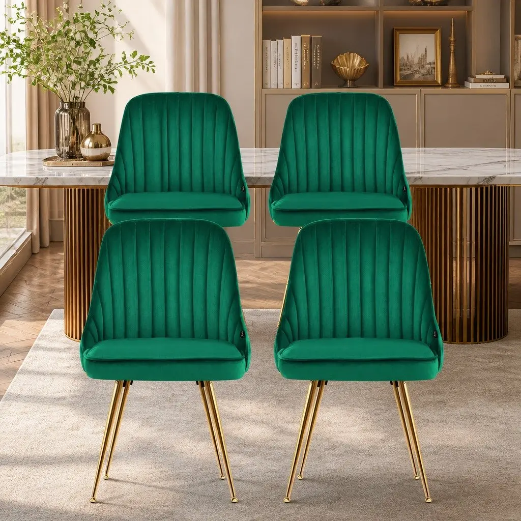 Dining Chairs Velvet Channel Tufted Green Scallop Shell Back Metal Legs 4 Piece