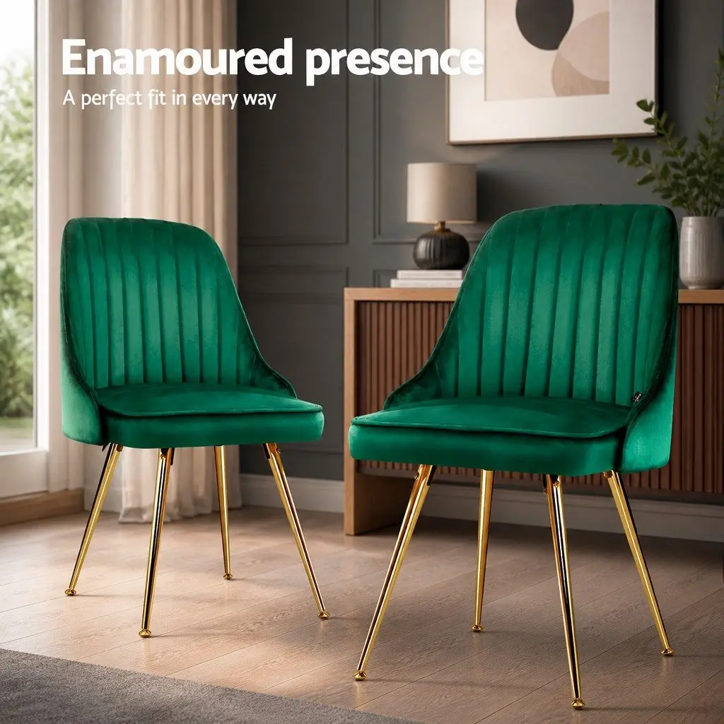 Dining Chairs Velvet Channel Tufted Green Scallop Shell Back Metal Legs 4 Piece