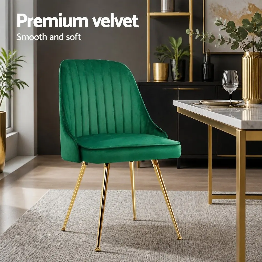 Dining Chairs Velvet Channel Tufted Green Scallop Shell Back Metal Legs 4 Piece