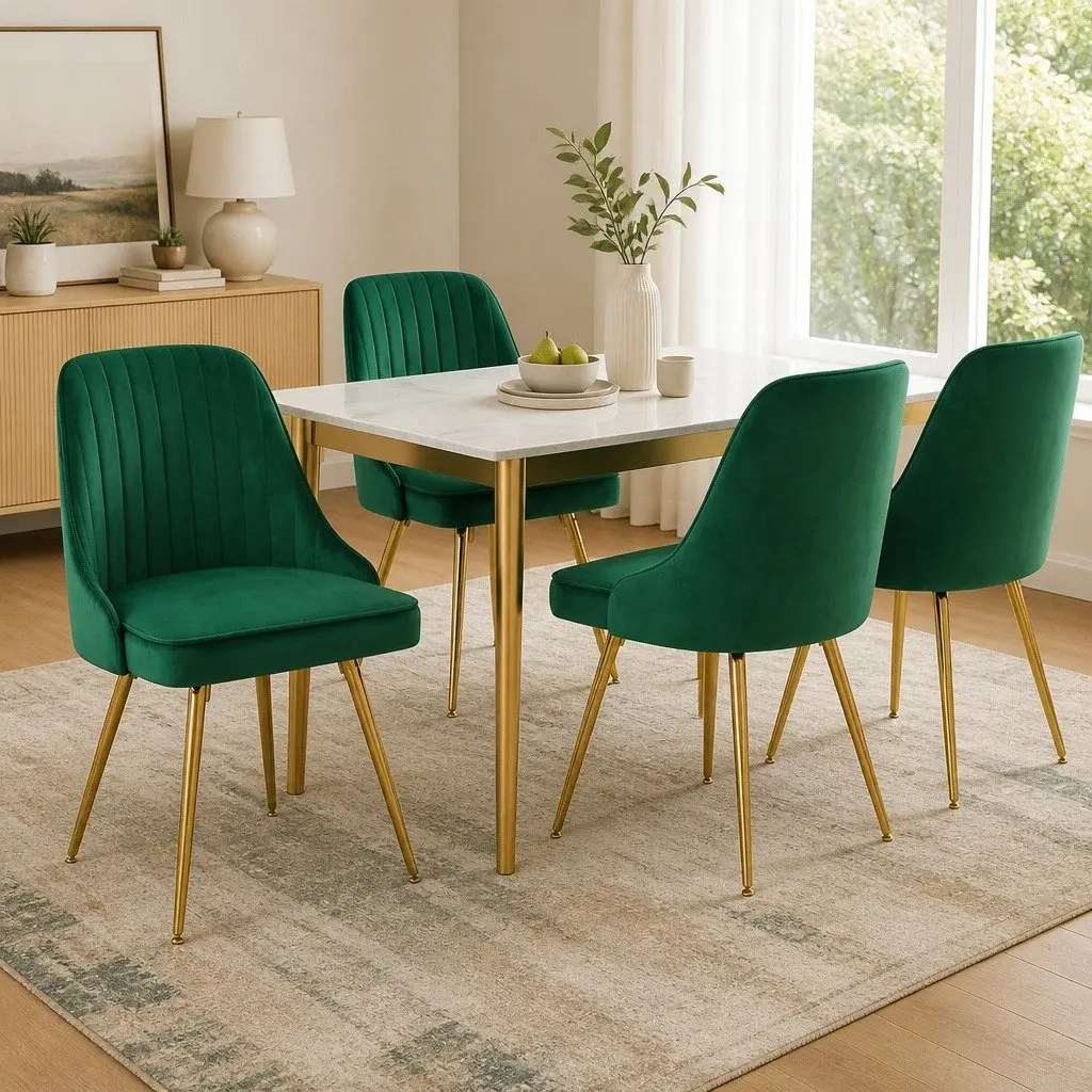 Dining Chairs Velvet Channel Tufted Green Scallop Shell Back Metal Legs 4 Piece