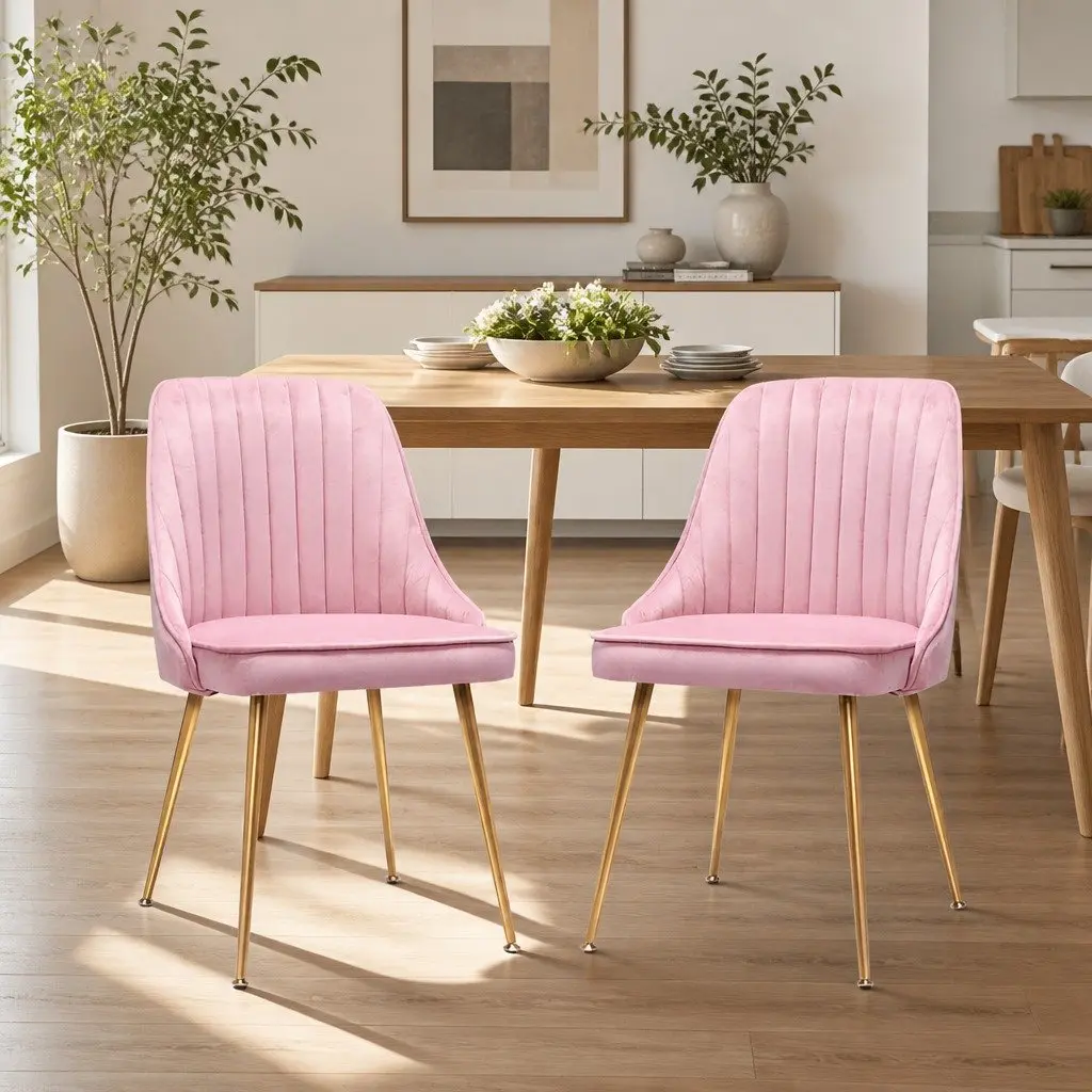 Dining Chairs Set of 2 Pink Velvet Channel Tufted Scallop Shell Back Design