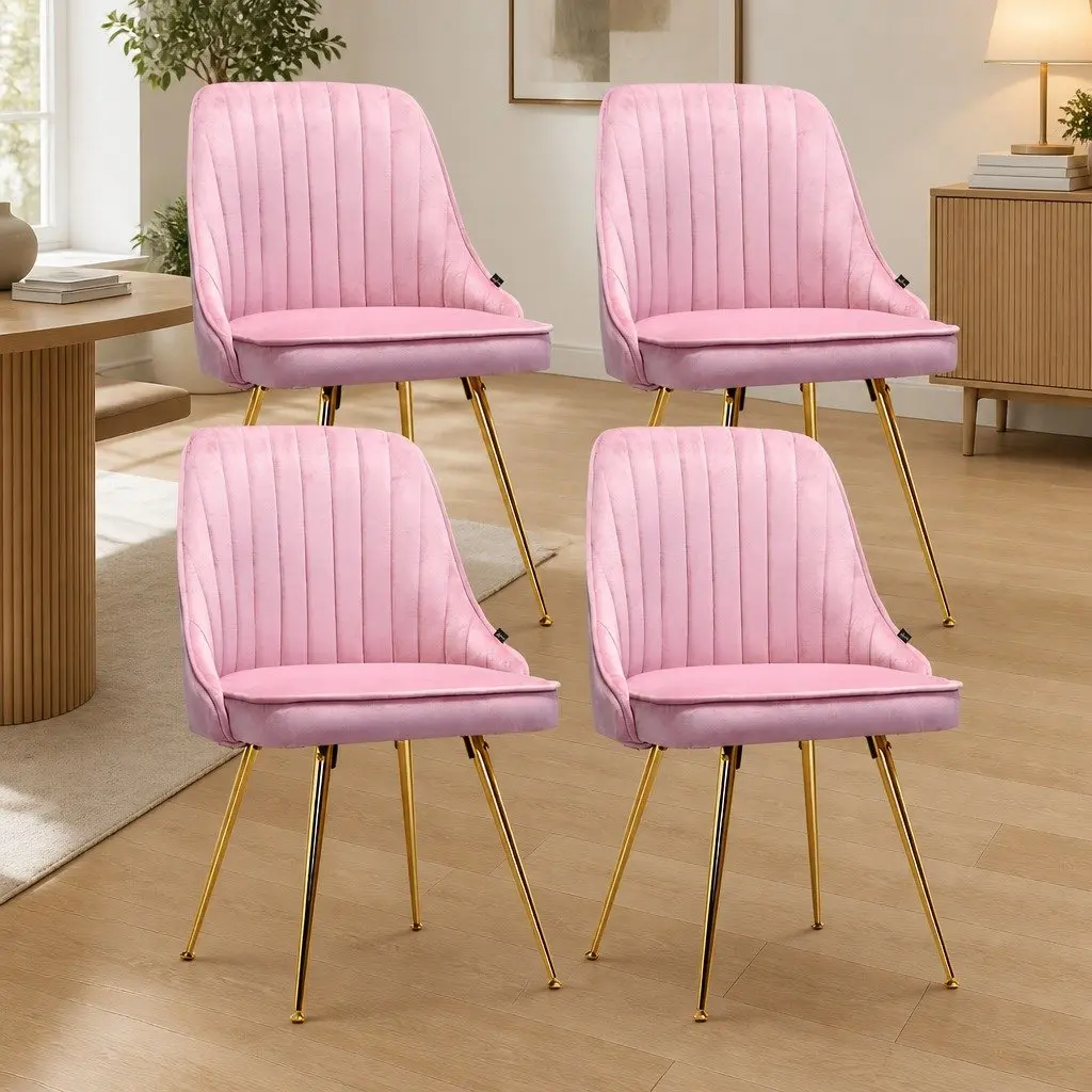 Dining Chairs Velvet Pink Channel Tufted Scallop Shell Back Metal Legs 4 Piece