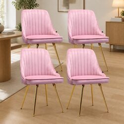 Dining Chairs Set of 4 Velvet Channel Tufted Pink Scallop Shell Back Metal Legs