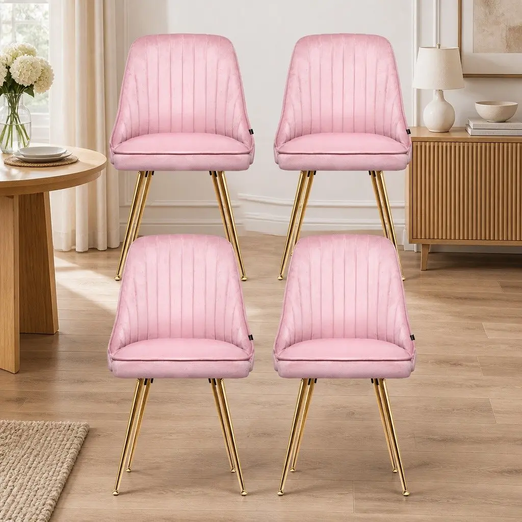 Dining Chairs Velvet Pink Channel Tufted Scallop Shell Back Metal Legs 4 Piece