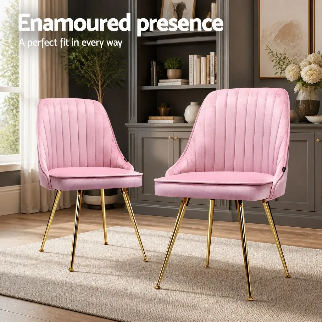 Dining Chairs Velvet Pink Channel Tufted Scallop Shell Back Metal Legs 4 Piece