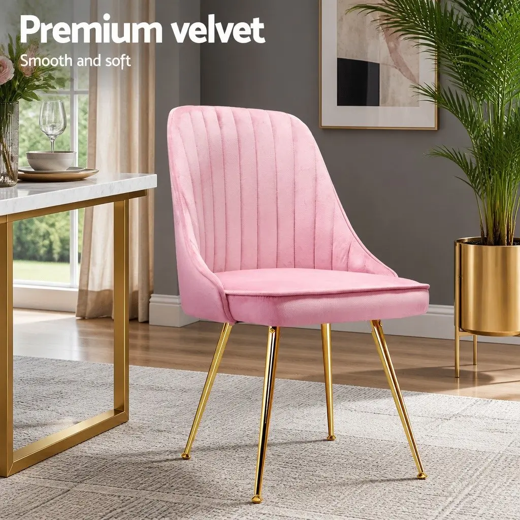 Dining Chairs Velvet Pink Channel Tufted Scallop Shell Back Metal Legs 4 Piece