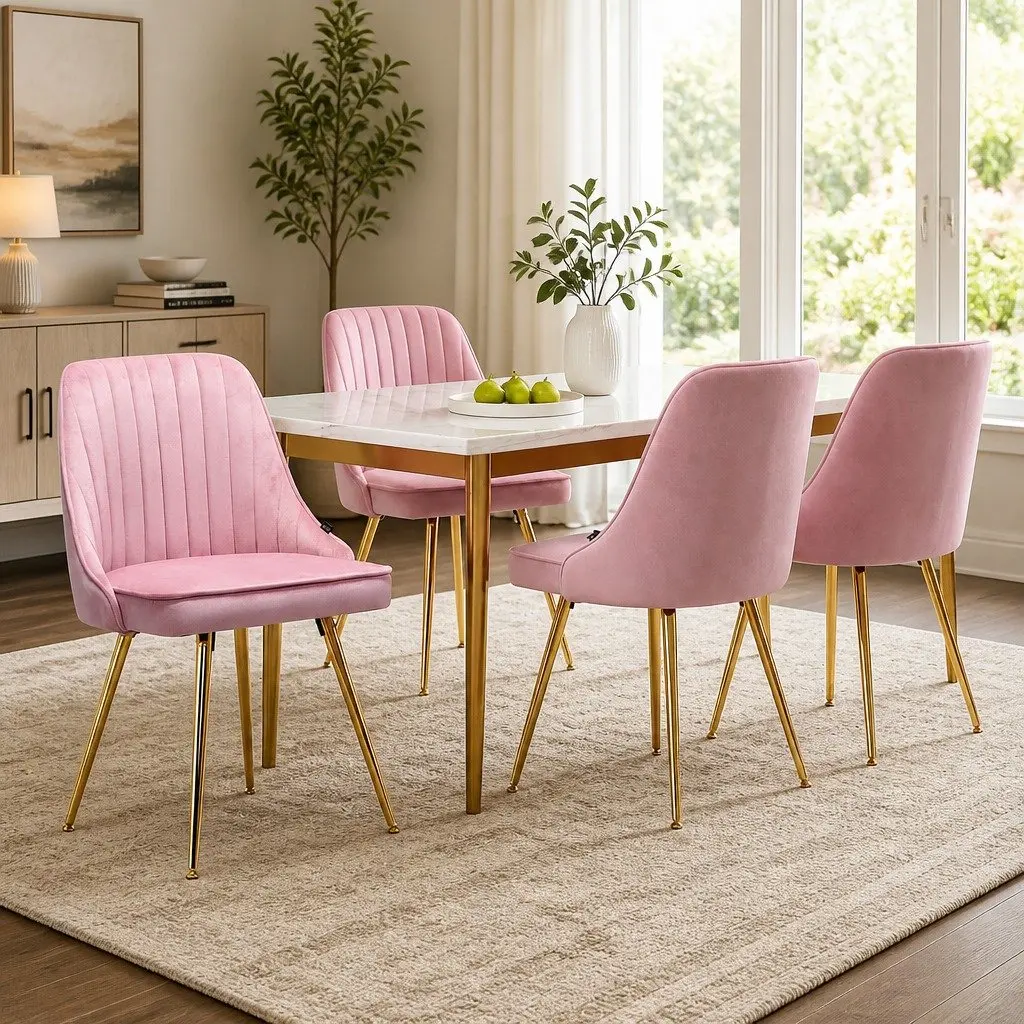 Dining Chairs Velvet Pink Channel Tufted Scallop Shell Back Metal Legs 4 Piece