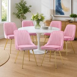 Dining Chairs Set of 6 Velvet Channel Tufted Pink Kitchen Furniture Modern