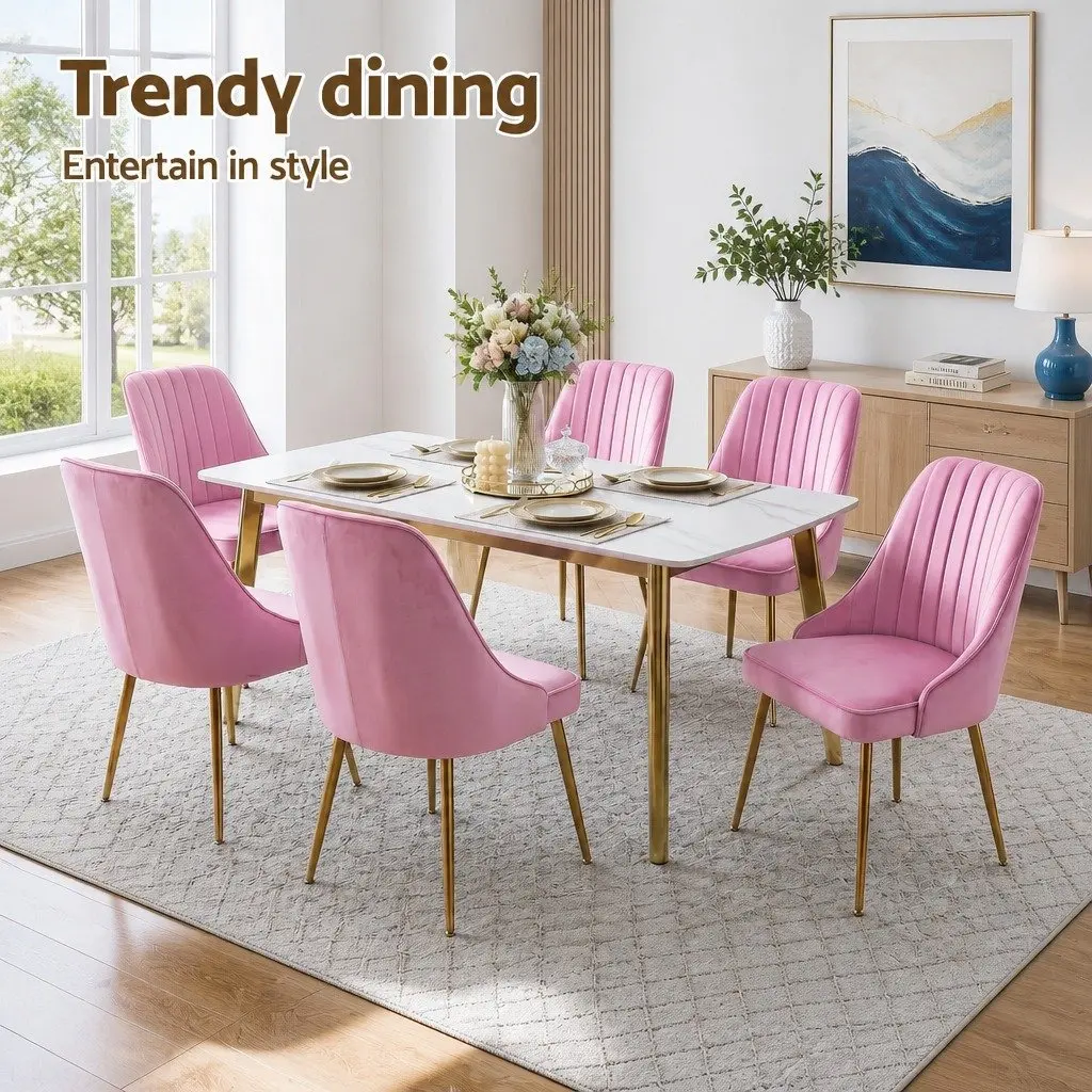 Dining Chairs Velvet Channel Tufted Pink 6 Piece Kitchen Furniture Modern