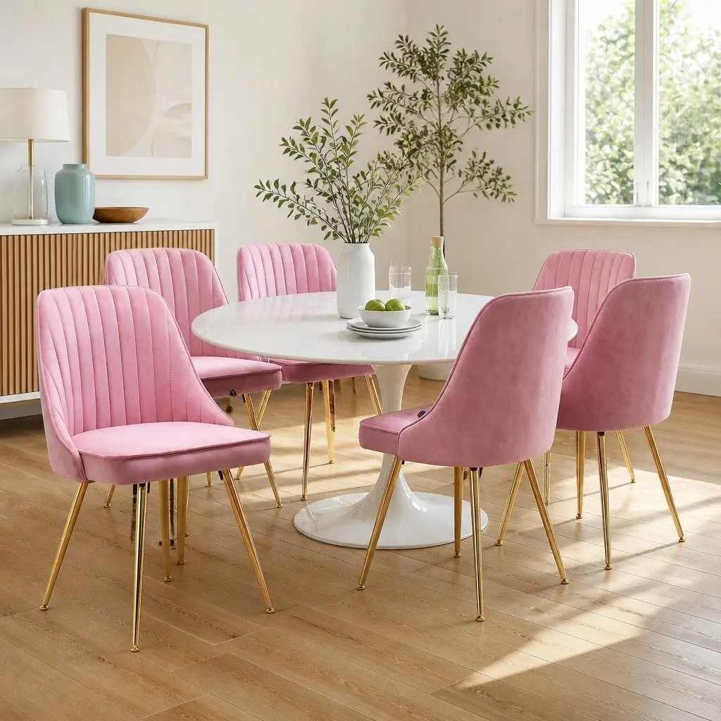 Dining Chairs Velvet Channel Tufted Pink 6 Piece Kitchen Furniture Modern