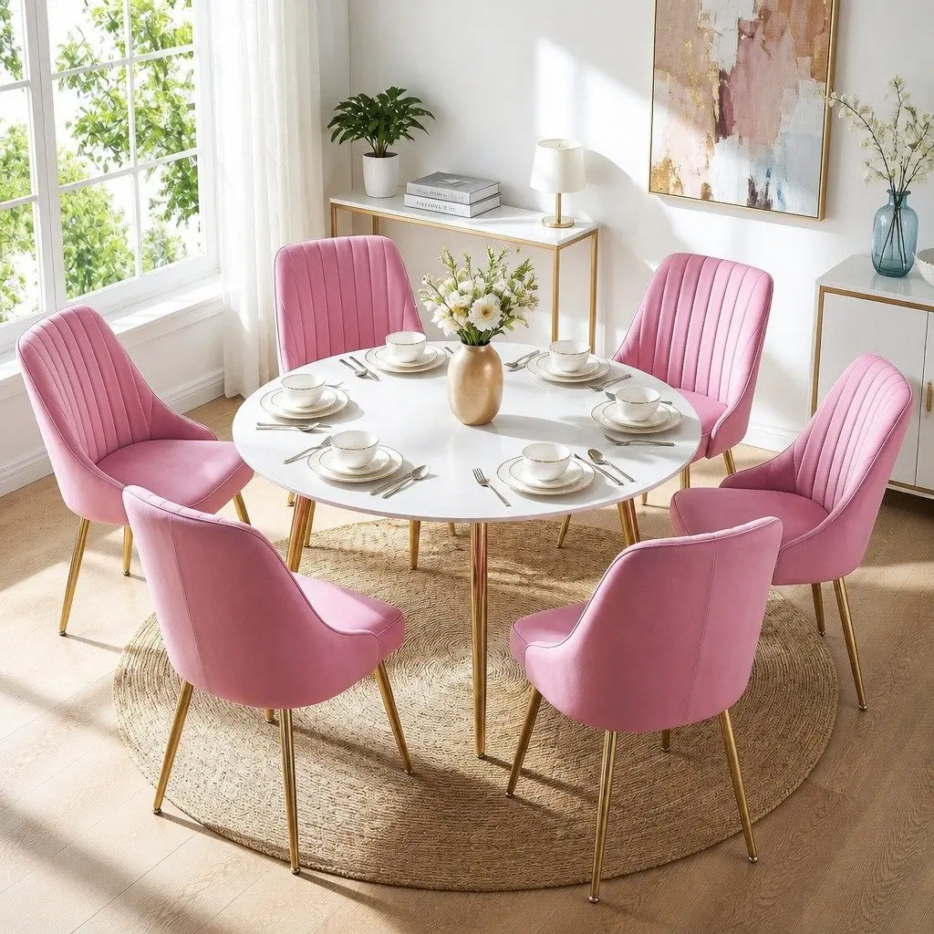 Dining Chairs Velvet Channel Tufted Pink 6 Piece Kitchen Furniture Modern