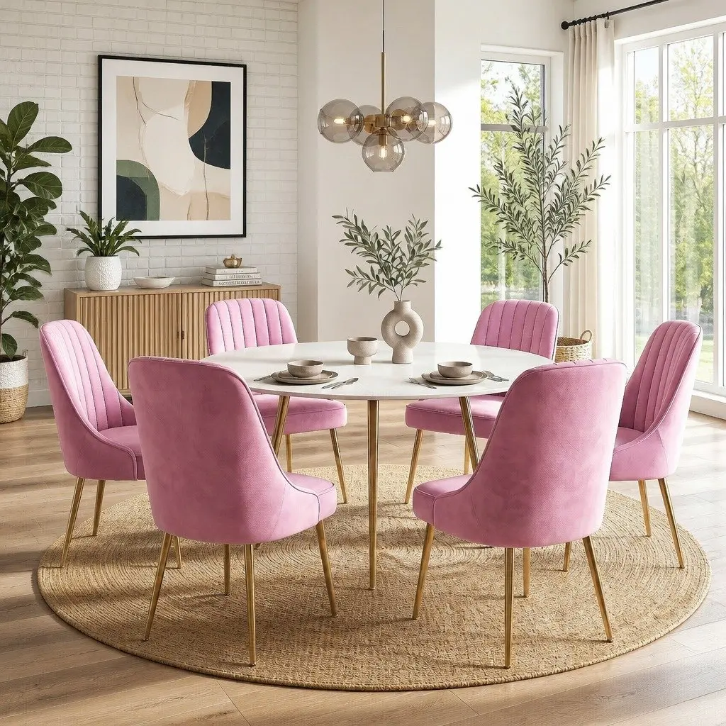 Dining Chairs Velvet Channel Tufted Pink 6 Piece Kitchen Furniture Modern